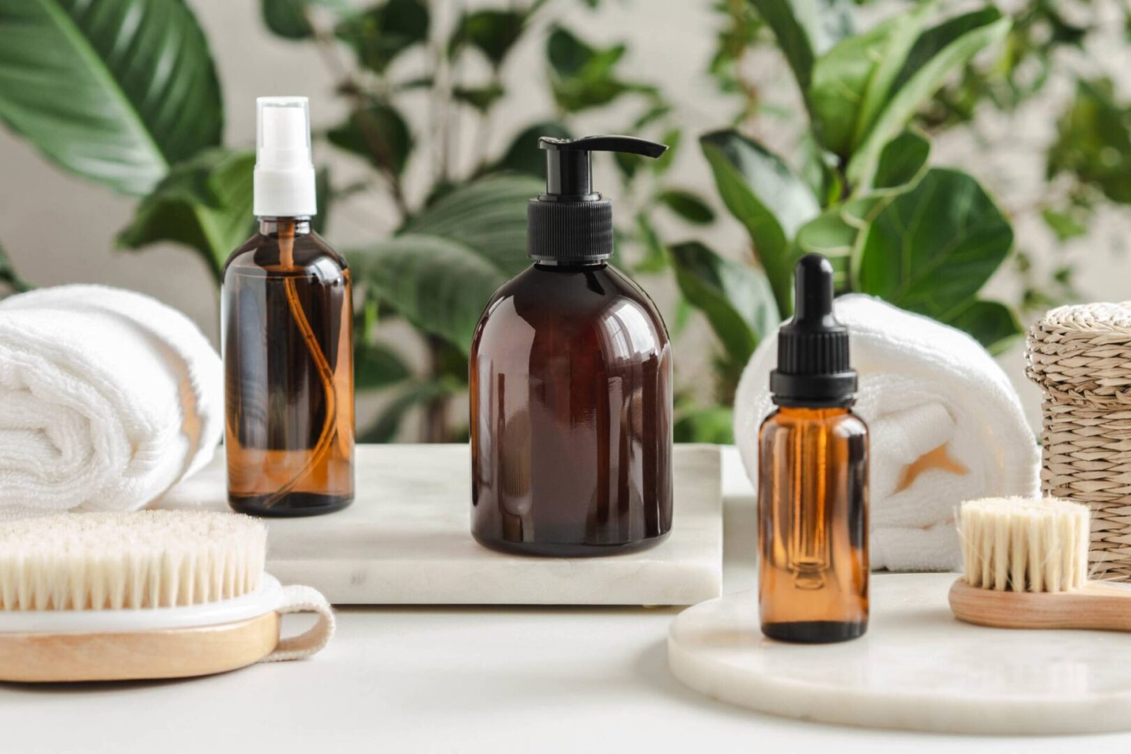 Amber glass bottles with spa essentials